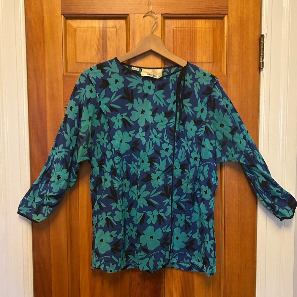 Vintage Oscar de la Renta Blue and Green Boxy Blouse